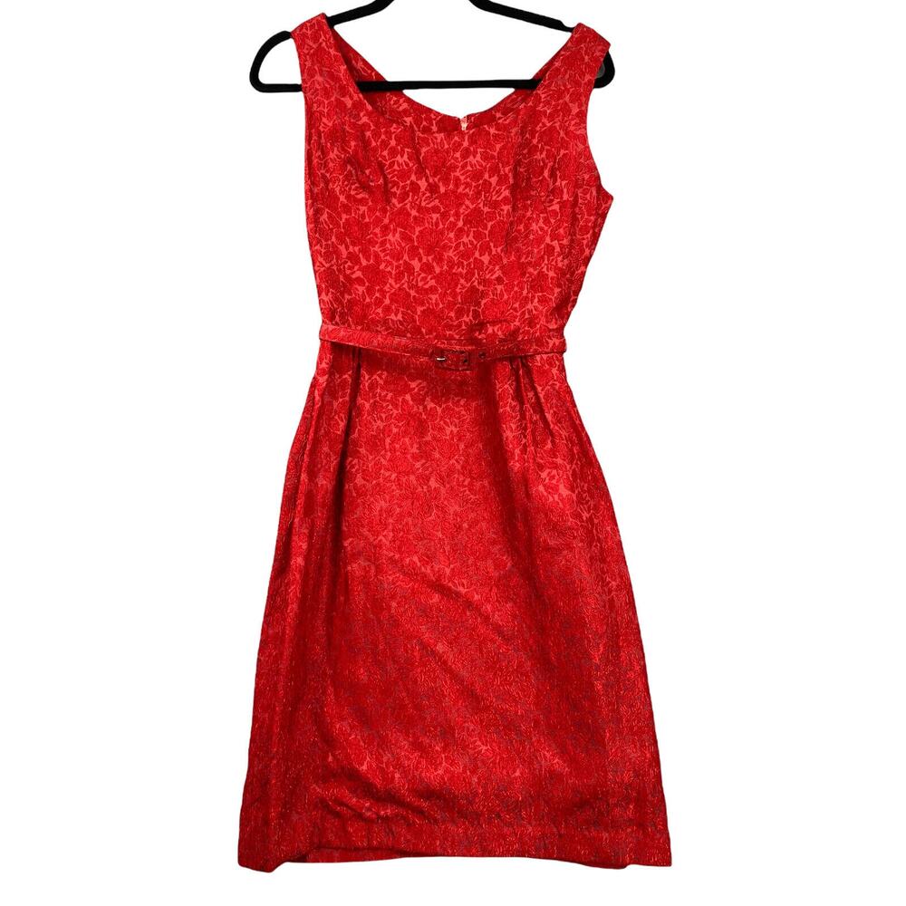 VTG Red Cocktail Mini Dress Womens S/XS 50s Floral Jacquard Sheath Belted Party
